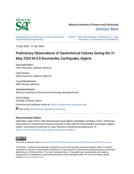 Preliminary Observations of Geotechnical Failures During the 21 May 2003 M 6.8 Boumerdes, Earthquake, Algeria
