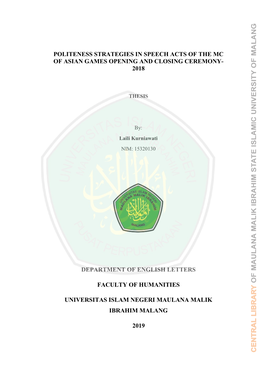 Politeness Strategies in Speech Acts of the Mc of Asian Games Opening and Closing Ceremony- 2018
