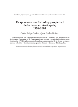 Desplazamiento Forzado Y Propiedad De La Tierra En Antioquia, 1996-2004