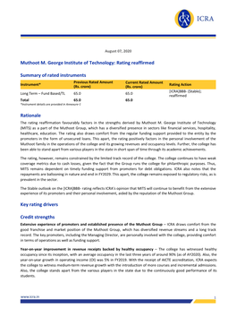 Muthoot M. George Institute of Technology: Rating Reaffirmed