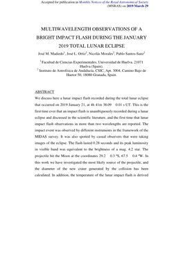 MULTIWAVELENGTH OBSERVATIONS of a BRIGHT IMPACT FLASH DURING the JANUARY 2019 TOTAL LUNAR ECLIPSE José M