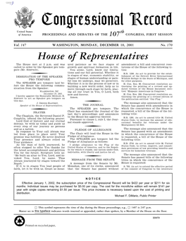 Congressional Record United States Th of America PROCEEDINGS and DEBATES of the 107 CONGRESS, FIRST SESSION