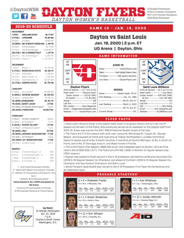 Dayton Vs Saint Louis 9 (Sat.) at Toledo W, 60-42 13 (WED.) NO