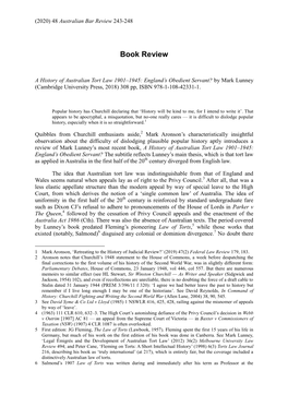 A History of Australian Tort Law 1901–1945: England’S Obedient Servant? by Mark Lunney (Cambridge University Press, 2018) 308 Pp, ISBN 978-1-108-42331-1