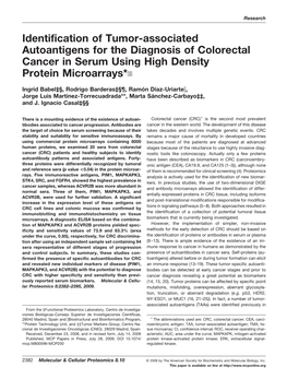 Identification of Tumor-Associated Autoantigens for the Diagnosis of Colorectal Cancer in Serum Using High Density Protein Microarrays*□S