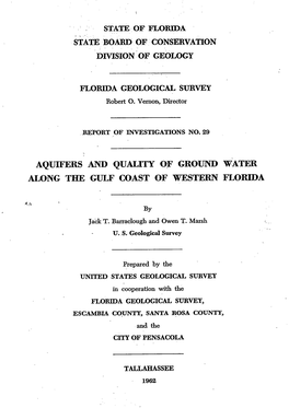 Aquifers and Quality of Ground Water Along the Gulf Coast of Western Florida