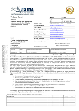 Technical Report Kabul 7/2/2016 Subject/Title Place Date Report on Projects to Be Implemented OA +93 (0) 744119120