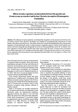 Formicoxenus Provancheri and Its Host Myrmica Incompleta (Hymenoptera: Formicidae)