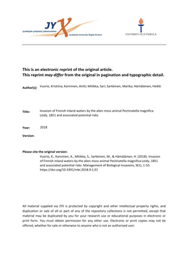 Invasion of Finnish Inland Waters by the Alien Moss Animal Pectinatella Magnifica Leidy, 1851 and Associated Potential Risks