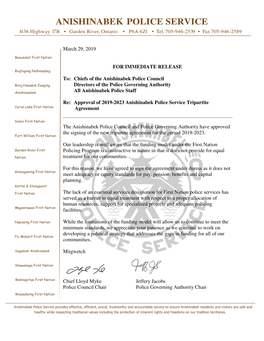 Anishinabek Police Service: Approval of 2019-2023 Tripartite Agreement