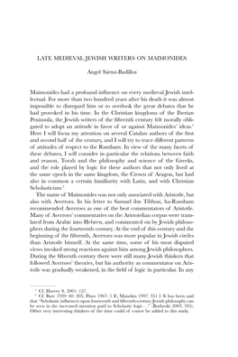 LATE MEDIEVAL JEWISH WRITERS on MAIMONIDES Angel Sáenz