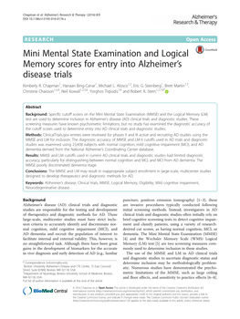 Mini Mental State Examination and Logical Memory Scores for Entry Into Alzheimer’S Disease Trials Kimberly R