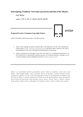 Interrupting Tradition: Now-Time (Jeztzeit) in and out of the Theatre Joel White Antae, Vol. 2, No. 2. (June, 2015), 84-89