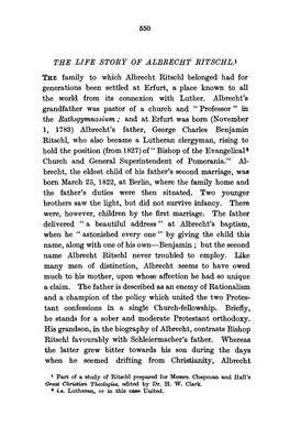 THE LIFE STORY of ALBRECHT RITSCHL.1 the Family to Which