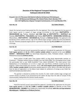 Decision of the Regional Transport Authority, Kottayam Dtd 22-02-2018