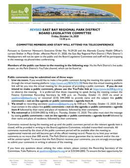 REVISED EAST BAY REGIONAL PARK DISTRICT BOARD LEGISLATIVE COMMITTEE Friday, October 16, 2020 12:30 P.M