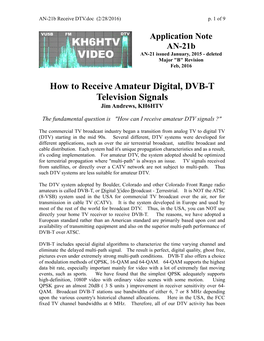 How to Receive Amateur Digital, DVB-T Television Signals Jim Andrews, KH6HTV