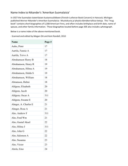 Name Index to Nikander's 'Amerikan Suomalaisia'