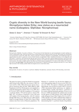 Cryptic Diversity in the New World Burying Beetle Fauna: Nicrophorus Hebes Kirby; New Status As a Resurrected Name (Coleoptera: Silphidae: Nicrophorinae)