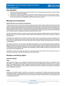 Afghanistan: Extreme Weather Regional Overview Key Highlights