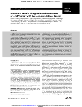 Preclinical Benefit of Hypoxia-Activated Intra- Arterial