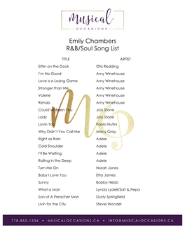 Emily Chambers R&B/Soul Song List