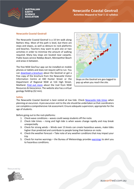 Newcastle Coastal Geotrail Activities Mapped to Year 1-12 Syllabus