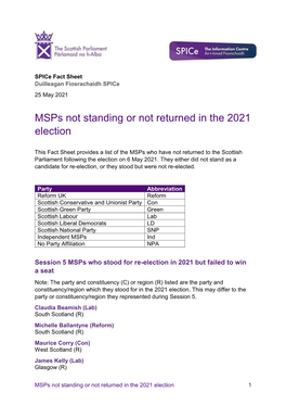 Msps Not Standing Or Not Returned in the 2021 Election