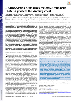 O-Glcnacylation Destabilizes the Active Tetrameric PKM2 to Promote the Warburg Effect