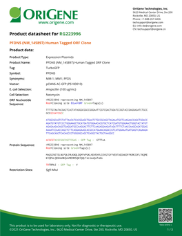 PFDN5 (NM 145897) Human Tagged ORF Clone Product Data
