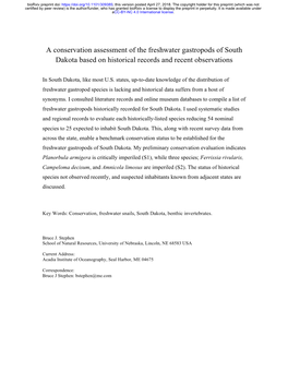 A Conservation Assessment of the Freshwater Gastropods of South Dakota Based on Historical Records and Recent Observations