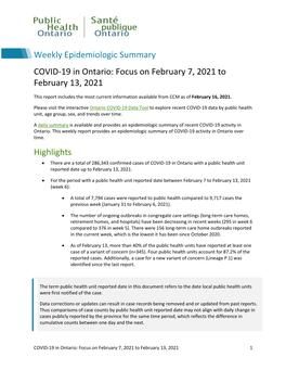 COVID-19 in Ontario: Focus on February 7, 2021 to February 13, 2021