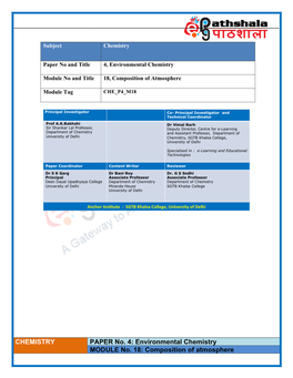 Environmental Chemistry MODULE No. 18: Composition of Atmosphere