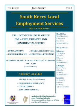 JOBS SHEET WEEK 3 South Kerry Local Employment Services FREE for YOUR BENEFIT