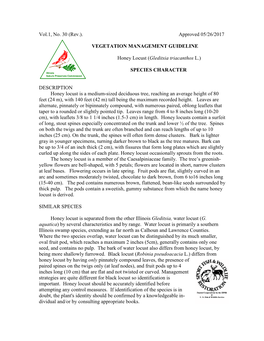 Vol.1, No. 30 (Rev.). Approved 05/26/2017 VEGETATION MANAGEMENT GUIDELINE Honey Locust (Gleditsia Triacanthos L.) SPECIES CHARA