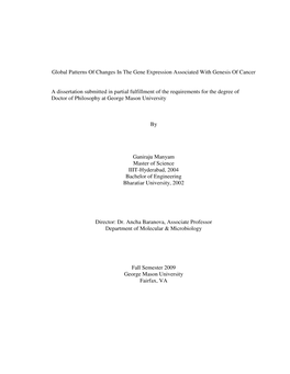 Global Patterns of Changes in the Gene Expression Associated with Genesis of Cancer a Dissertation Submitted in Partial Fulfillm