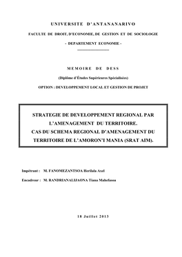 Strategie De Developpement Regional Par L'amenagement Du Territoire. Cas