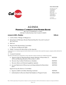 AGENDA PENINSULA CORRIDOR JOINT POWERS BOARD Bacciocco Auditorium, 2Nd Floor 1250 San Carlos Avenue, San Carlos CA 94070 January 9, 2020 – Thursday 9:00 Am