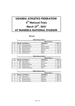 UGANDA ATHLETICS FEDERATION 4 National Trials March 27 , 2021
