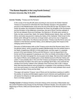 "The Roman Republic in the Long Fourth Century" Princeton University: May 16-18, 2019