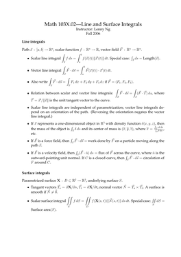 Math 103X.02—Line and Surface Integrals Instructor: Lenny Ng Fall 2006