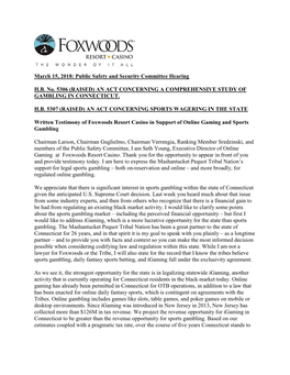 Written Testimony of Foxwoods Resort Casino in Support of Online Gaming and Sports Gambling