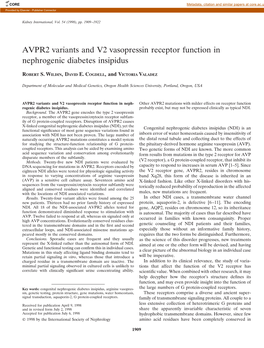 AVPR2 Variants and V2 Vasopressin Receptor Function in Nephrogenic Diabetes Insipidus