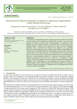 Determination of Mineral Composition of Lipsticks by Inductively Coupled Plasma- Atomic Emission Spectroscopy