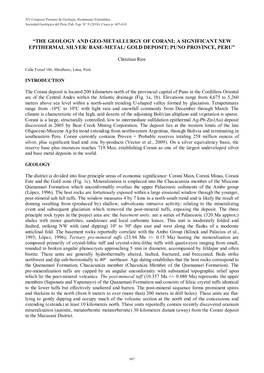 “The Geology and Geo-Metallurgy of Corani; a Significant New Epithermal Silver/ Base-Metal/ Gold Deposit; Puno Province, Peru”