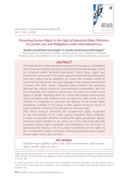 Protecting Human Rights in the Light of Industrial Water Pollution: Sri Lankan Law and Obligations Under International Law