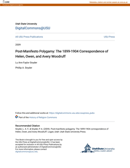 Post-Manifesto Polygamy: the 1899-1904 Correspondence of Helen, Owen, and Avery Woodruff