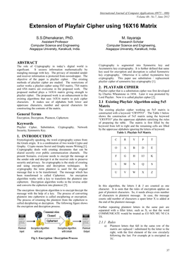 Extension of Playfair Cipher Using 16X16 Matrix