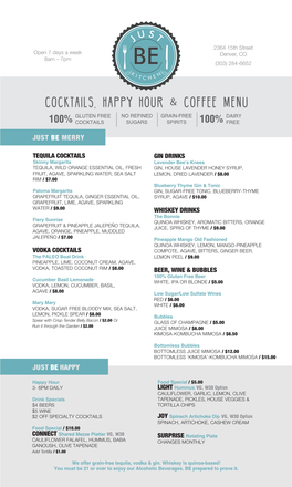 COCKTAILS, Happy Hour & COFFEE MENU