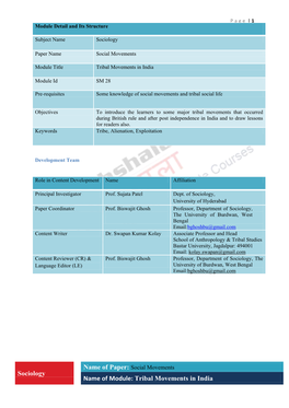 Sociology Name of Module: Tribal Movements in India